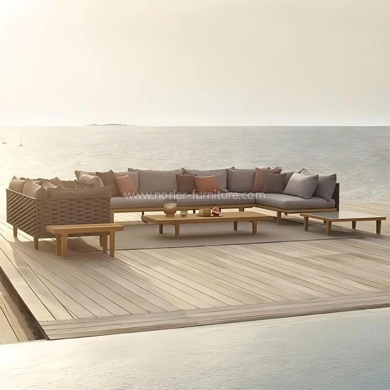 ఆధునిక బహిరంగ టేకు కలప చట్రం తాడు నేసిన సోఫా